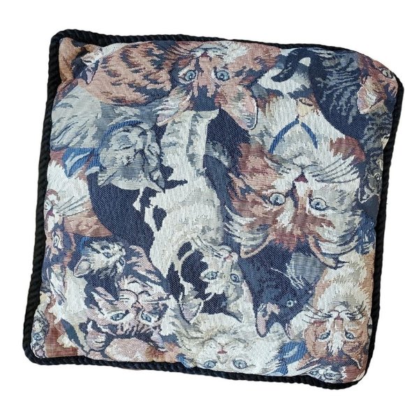 Vintage 90s Cat Kitty Face Tapestry Throw Pillows Set Of 2‎ 12x13 - Picture 1 of 6